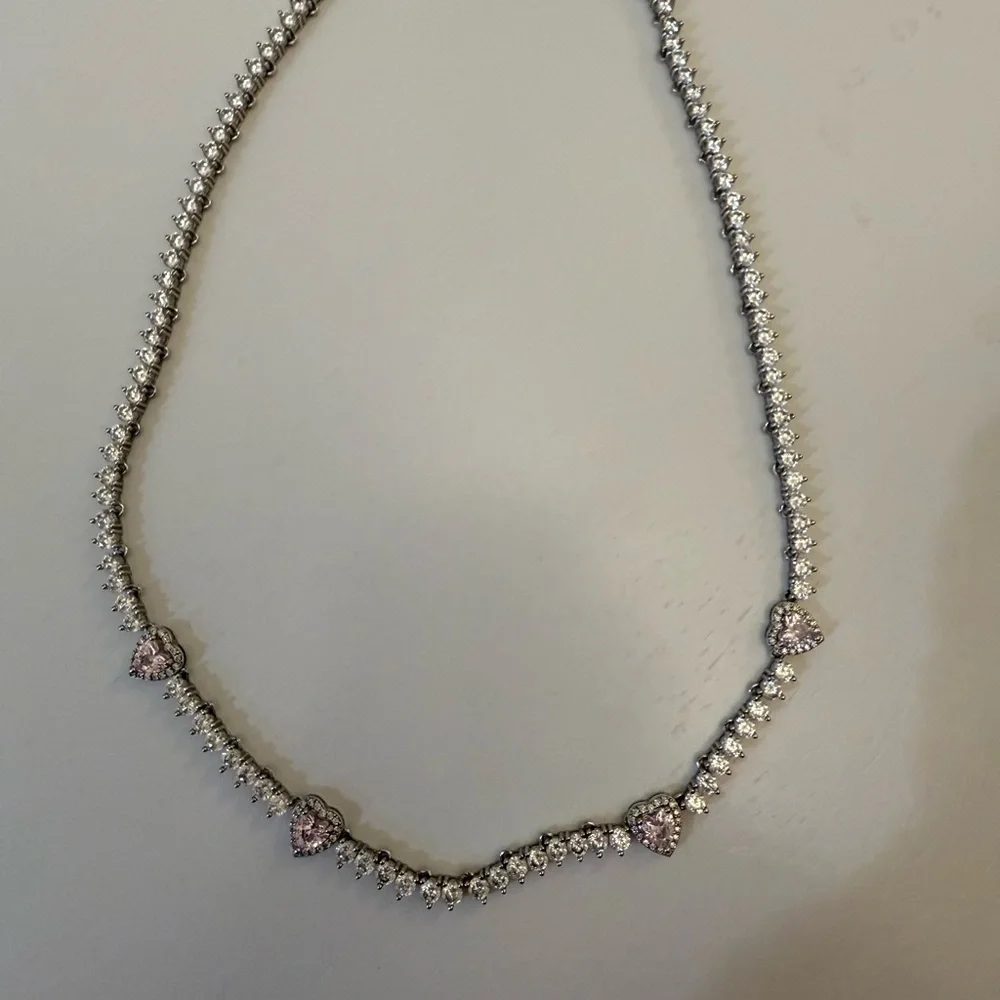 Elegant Silver with Pink Heart Tennis Necklace as seen in Vogue - Picture 2 of 6